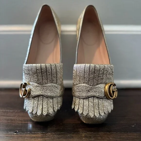 GUCCI Marmont Crackle Leather Gold Tassel GG Loafer 37 (sz. 7) - Picture 2 of 16